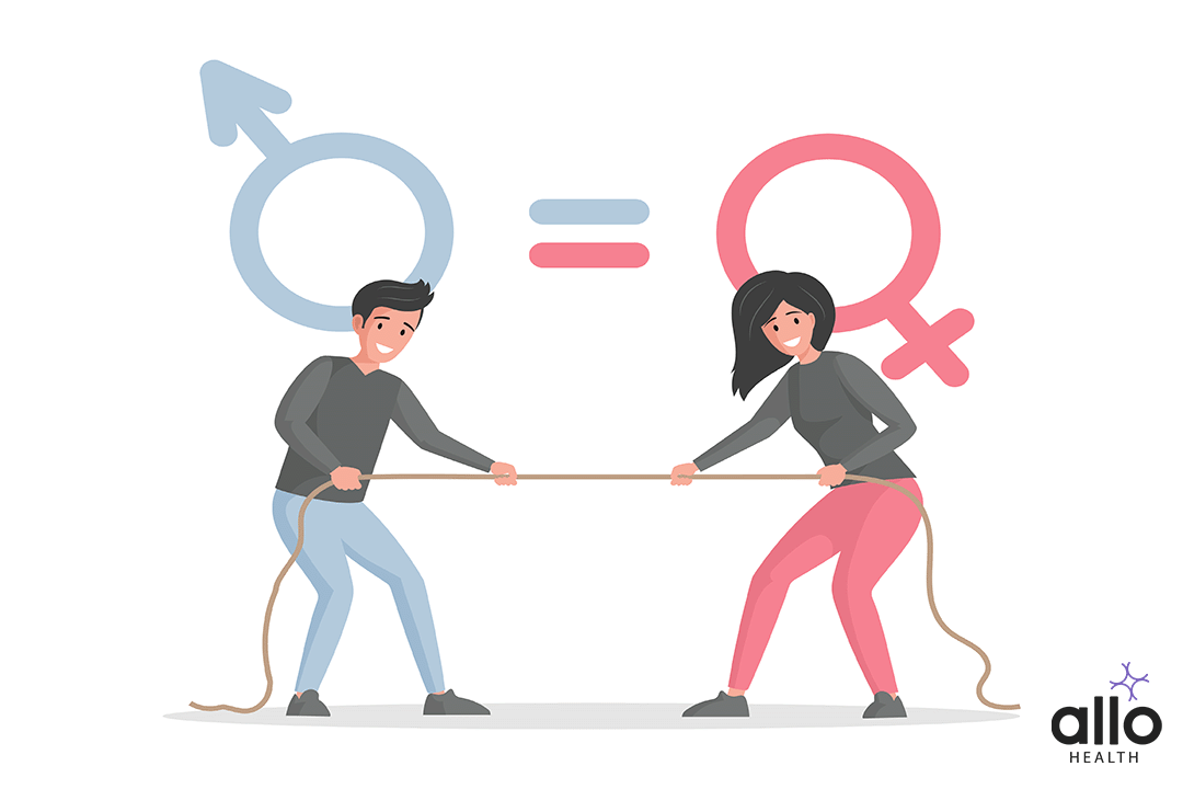 Male and female characters pulling rope against each other