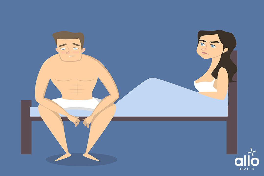 unhappy couple on bed and male is worrying about the causes of Anejaculation