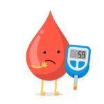 Sad cartoon doubt blood drop character with glucometer. Diabetic glucose measuring device with border indication sugar level.