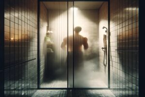 A man taking a hot shower.