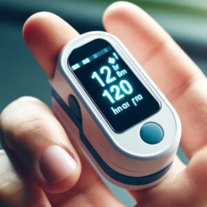 An oximeter showing high heart rate